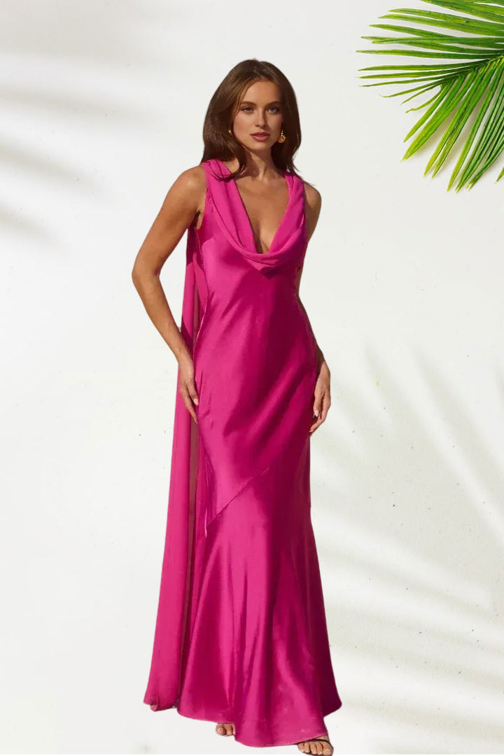 Modern Fitted Cowl Neck Sleeveless Backless Floor-Length Prom Dress