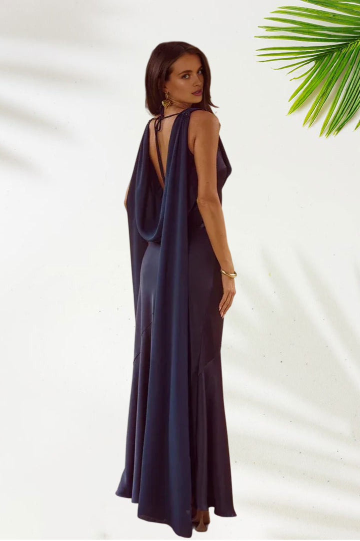 Modern Fitted Cowl Neck Sleeveless Backless Floor-Length Prom Dress