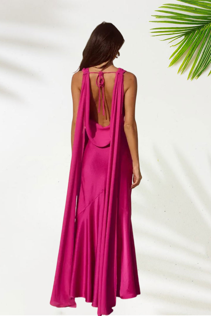 Modern Fitted Cowl Neck Sleeveless Backless Floor-Length Prom Dress