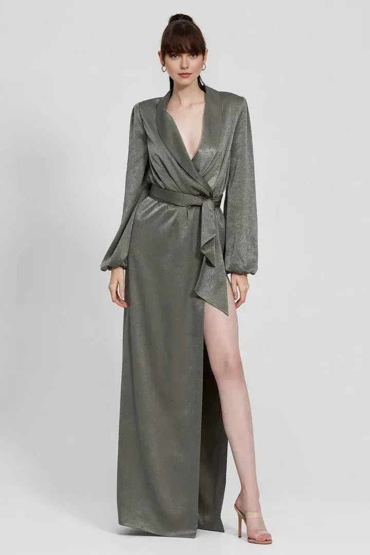 Modern Fitted V Neck Long Sleeve Satin Floor-Length Prom Dress