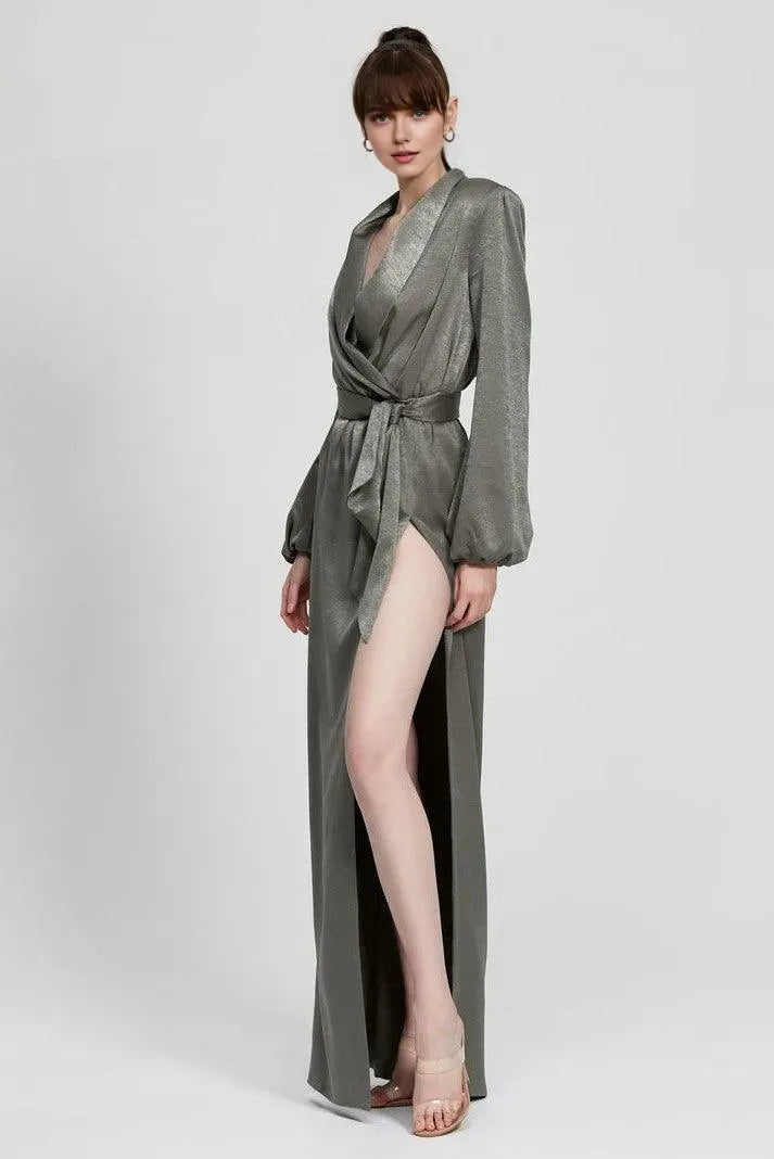 Modern Fitted V Neck Long Sleeve Satin Floor-Length Prom Dress