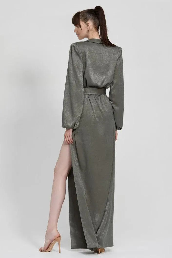 Modern Fitted V Neck Long Sleeve Satin Floor-Length Prom Dress