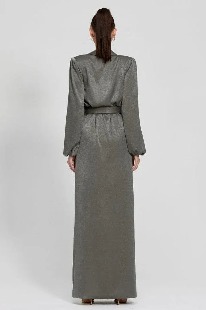 Modern Fitted V Neck Long Sleeve Satin Floor-Length Prom Dress