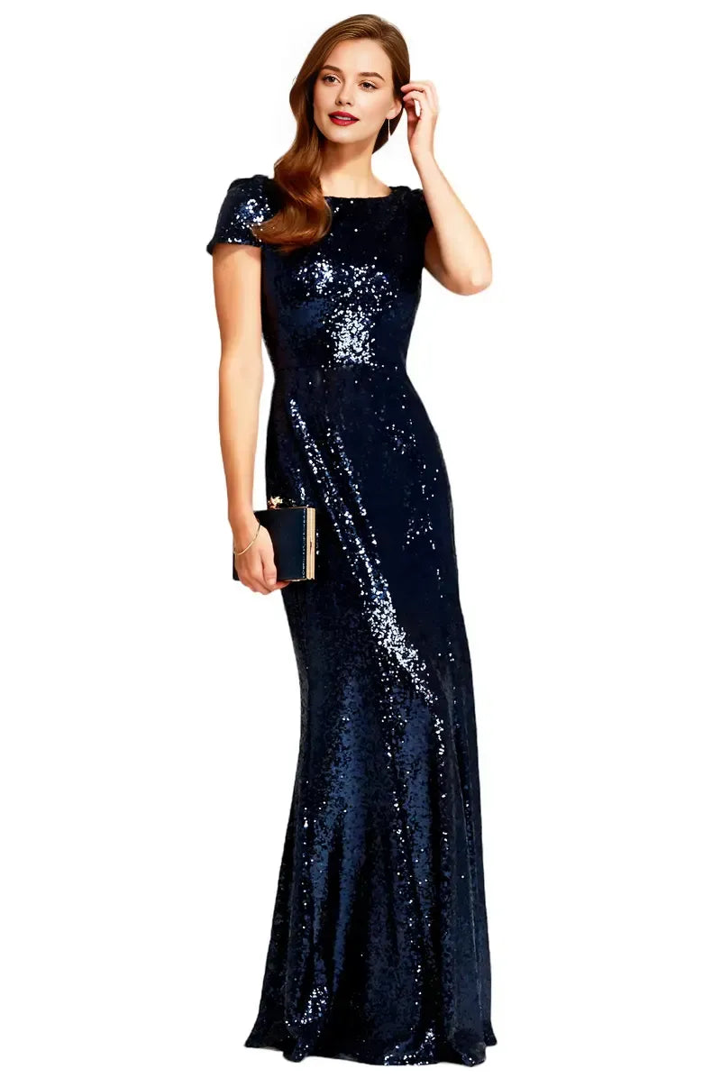 Modern Mermaid Boat Neck Cap Sleeve Sequin Floor-Length Prom Dress