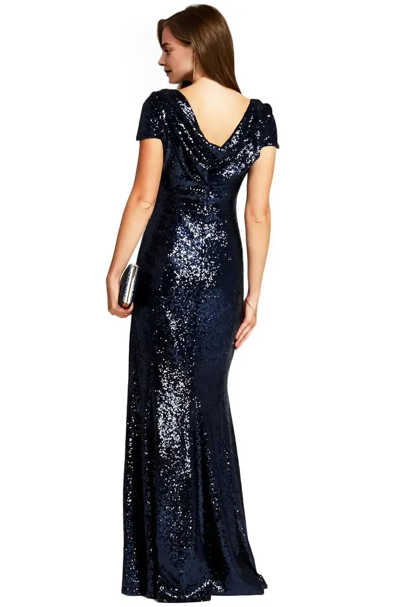 Modern Mermaid Boat Neck Cap Sleeve Sequin Floor-Length Prom Dress