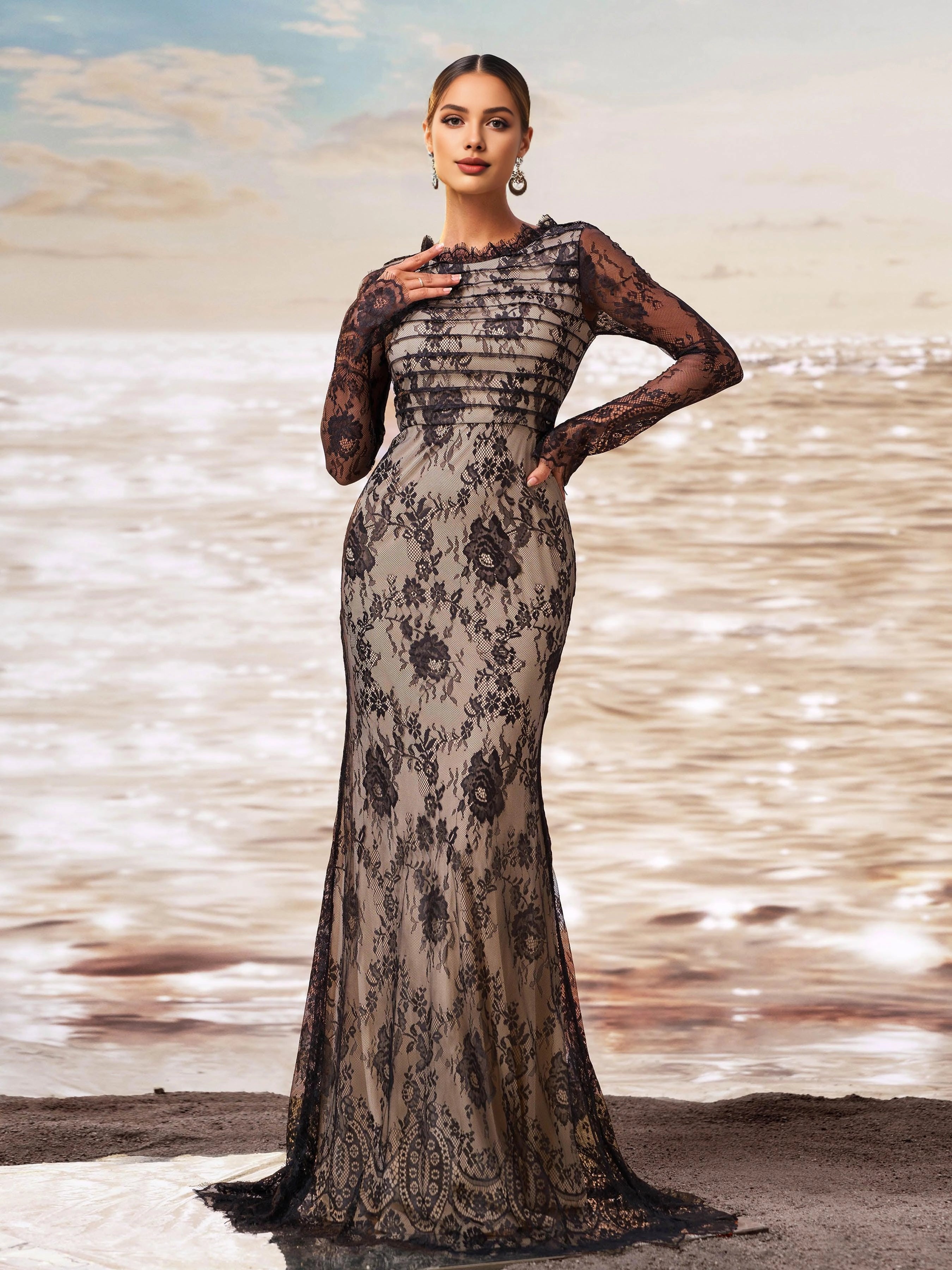 Modern Mermaid High Neck Long Sleeve Zipper Up Sweep/Brush Train Prom Dress