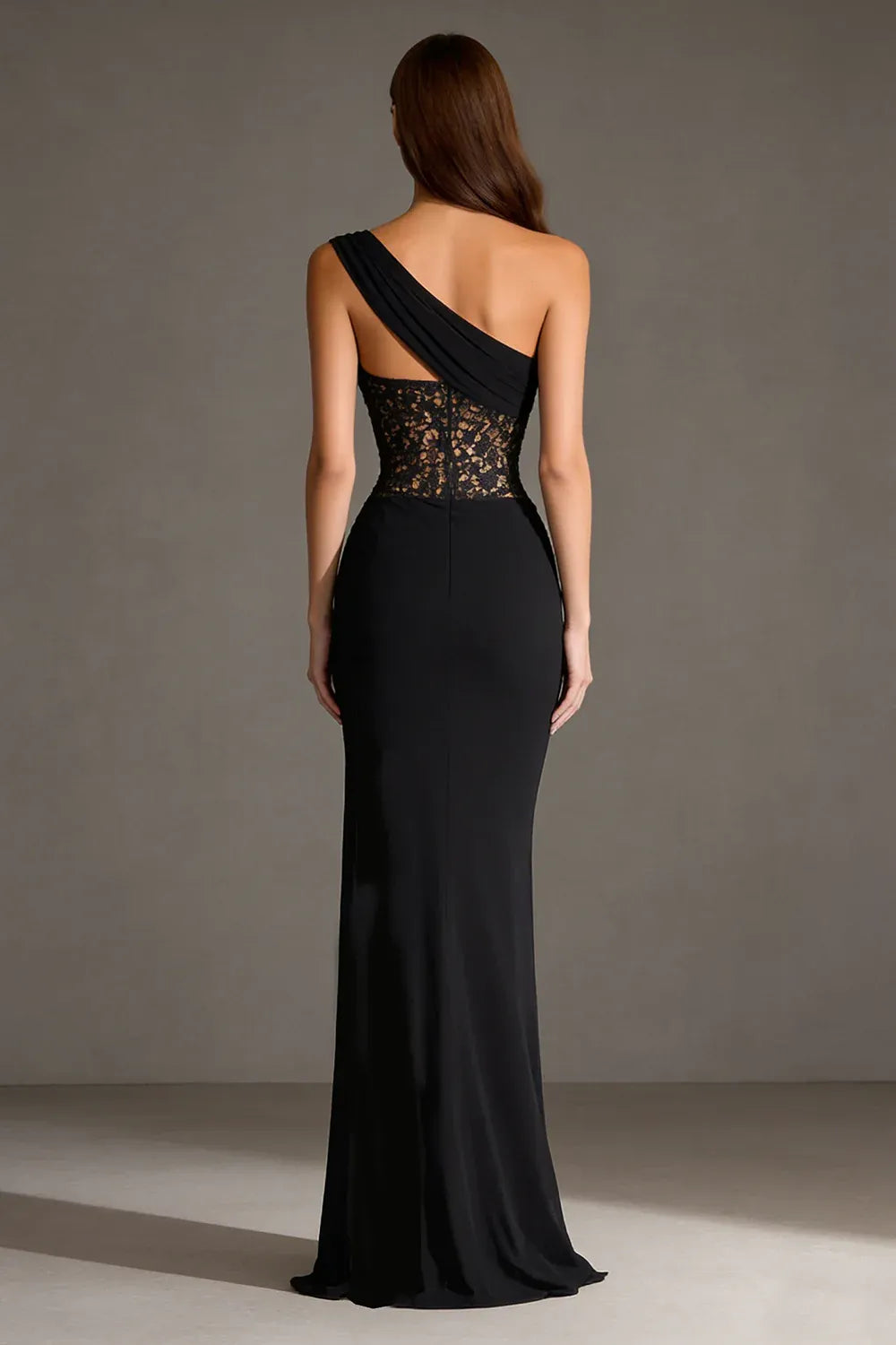 Modern Mermaid One Shoulder Sleeveless Lace Slit Floor-Length Prom Dress