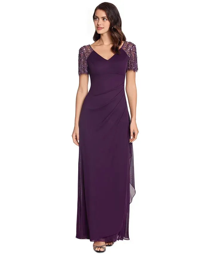 Modern Mermaid V Neck Short Sleeve Pleated Chiffon Floor-Length Prom Dress