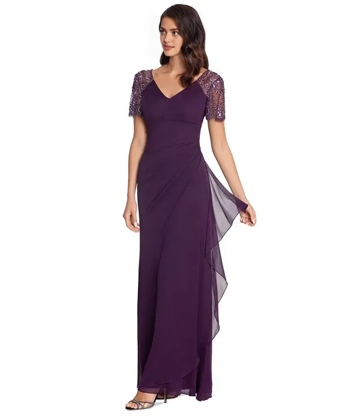Modern Mermaid V Neck Short Sleeve Pleated Chiffon Floor-Length Prom Dress
