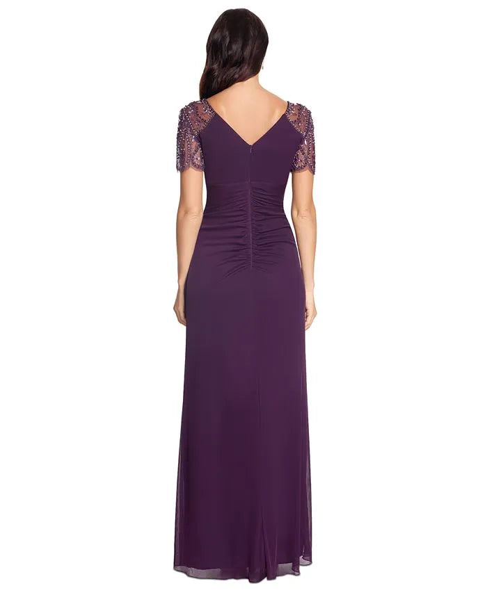 Modern Mermaid V Neck Short Sleeve Pleated Chiffon Floor-Length Prom Dress