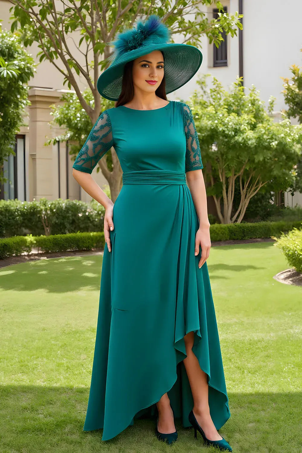 Modern Sheath Boat Neck Short Sleeve Scoop Back Floor-Length Mother of the Bride Dress