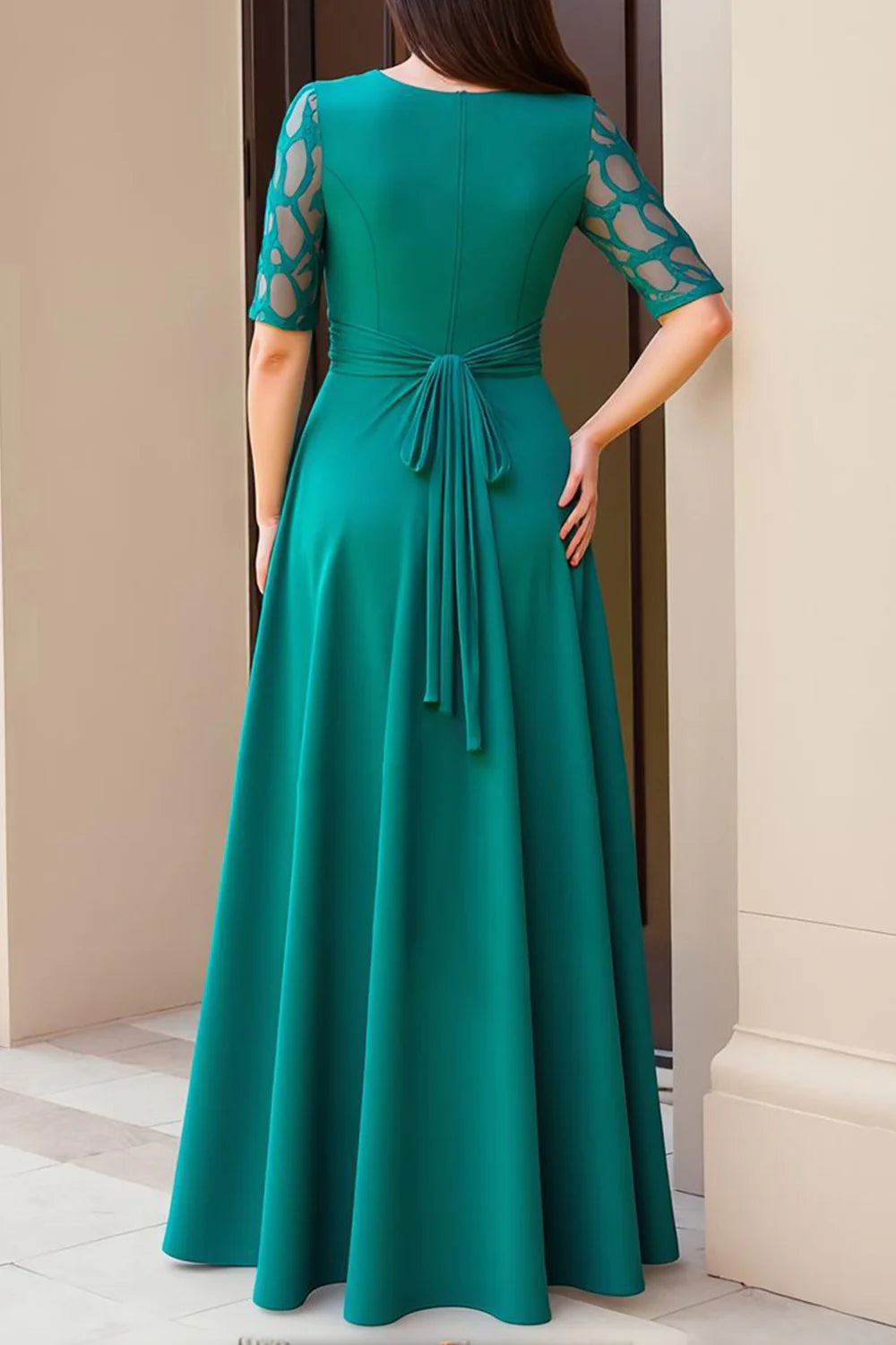 Modern Sheath Boat Neck Short Sleeve Scoop Back Floor-Length Mother of the Bride Dress
