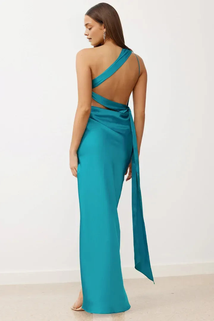 Modern Sheath/Column One Shoulder Sleeveless Satin Floor-Length Prom Dress