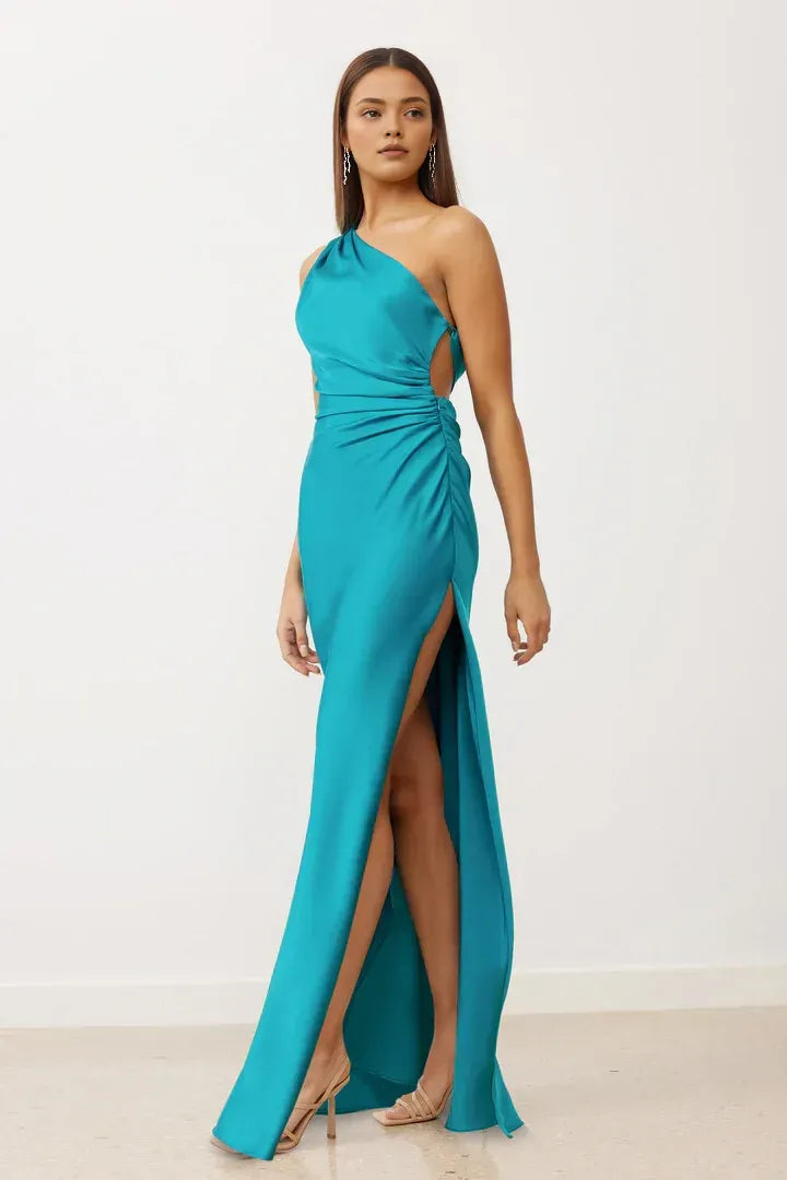 Modern Sheath/Column One Shoulder Sleeveless Satin Floor-Length Prom Dress