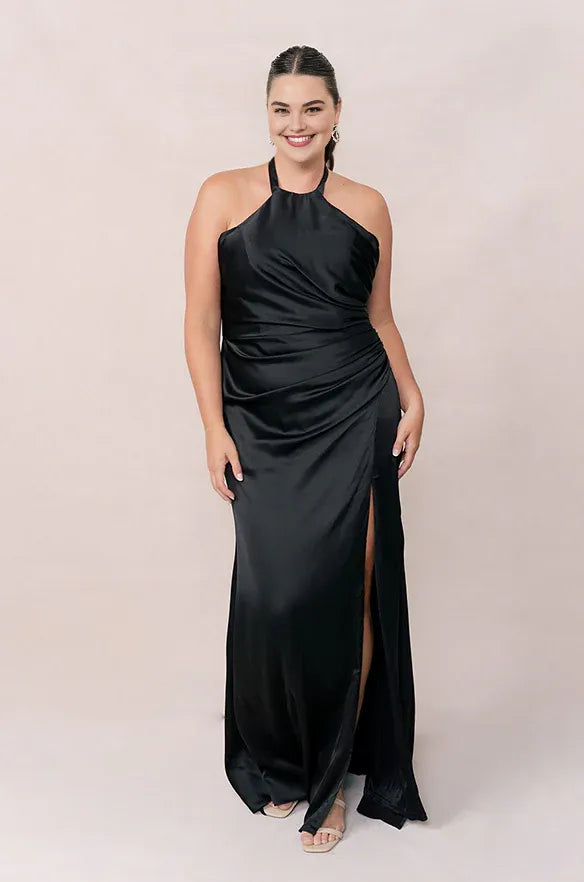 Modern Sheath Halter Neck Sleeveless Satin Floor-Length Plus Size Prom Dress