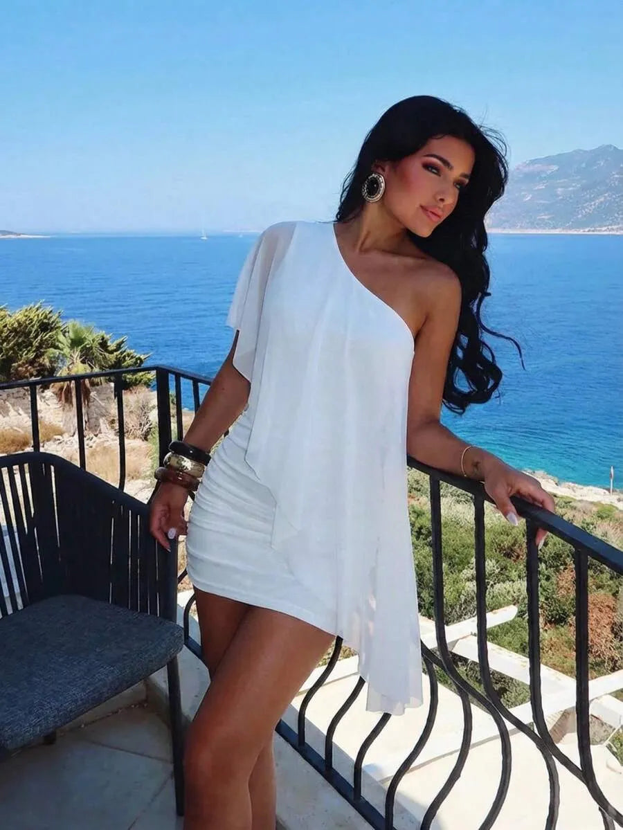 Modern Sheath One Shoulder Draped Ruffle Ruched White Mini Homecoming Dress