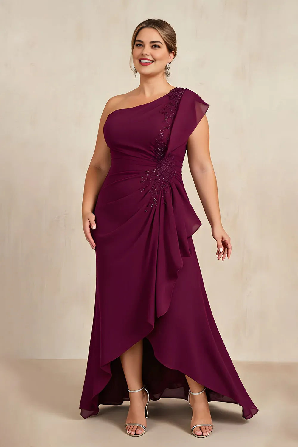 Modern Sheath One Shoulder Sleeveless Asymmetrical Back Floor-Length Plus Size Mother of the Bride Dress