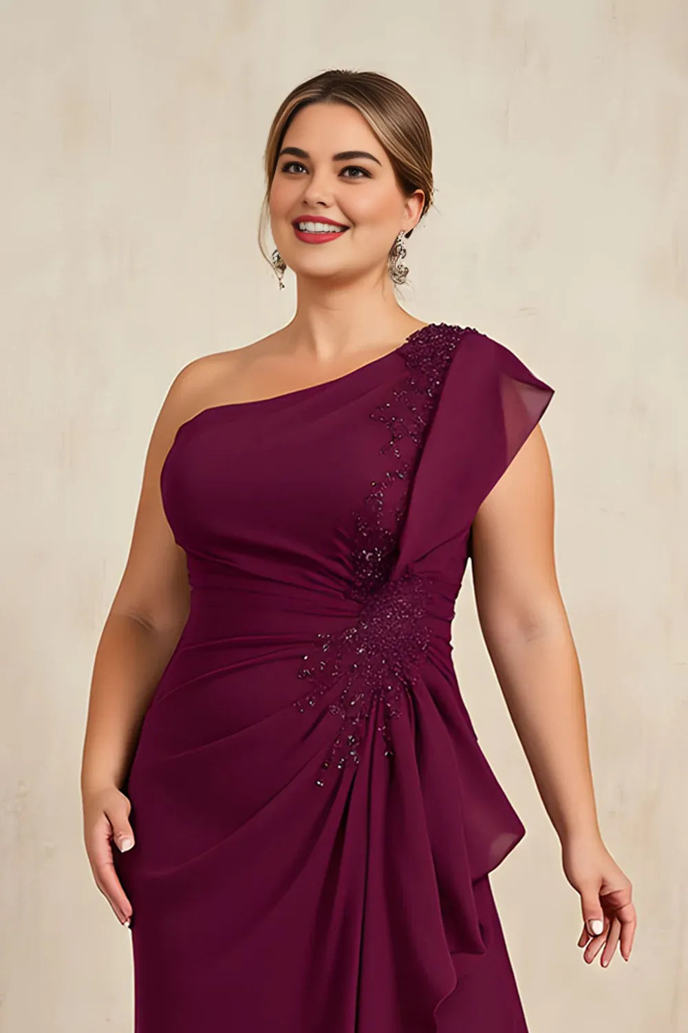 Modern Sheath One Shoulder Sleeveless Asymmetrical Back Floor-Length Plus Size Mother of the Bride Dress