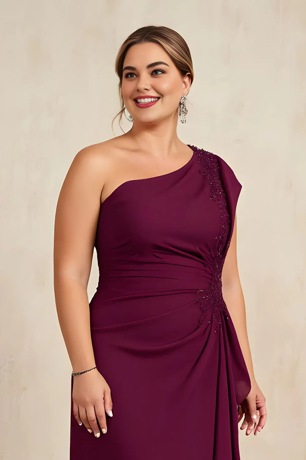 Modern Sheath One Shoulder Sleeveless Asymmetrical Back Floor-Length Plus Size Mother of the Bride Dress