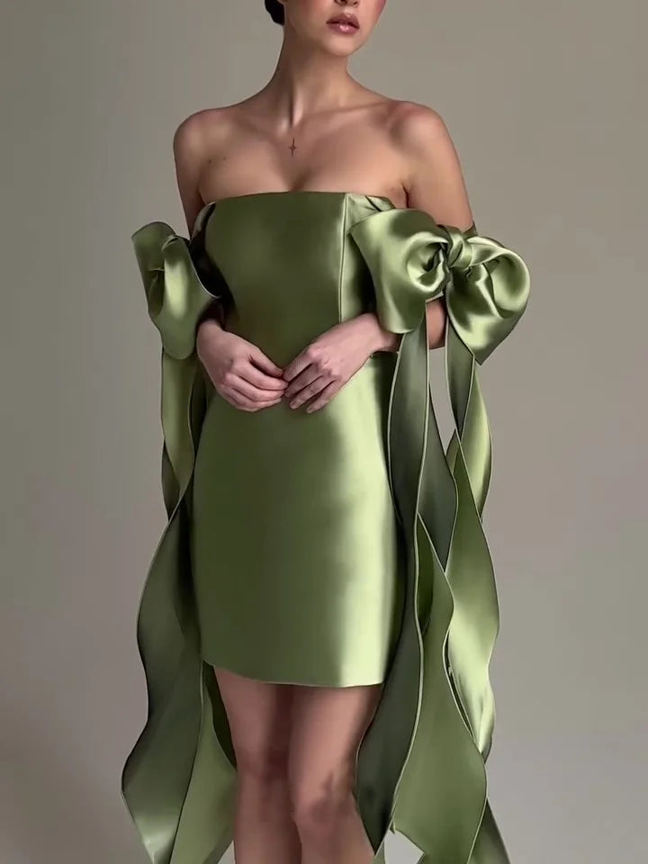 Modern Sheath Strapless Sleeveless Satin Short-Mini Prom Dress