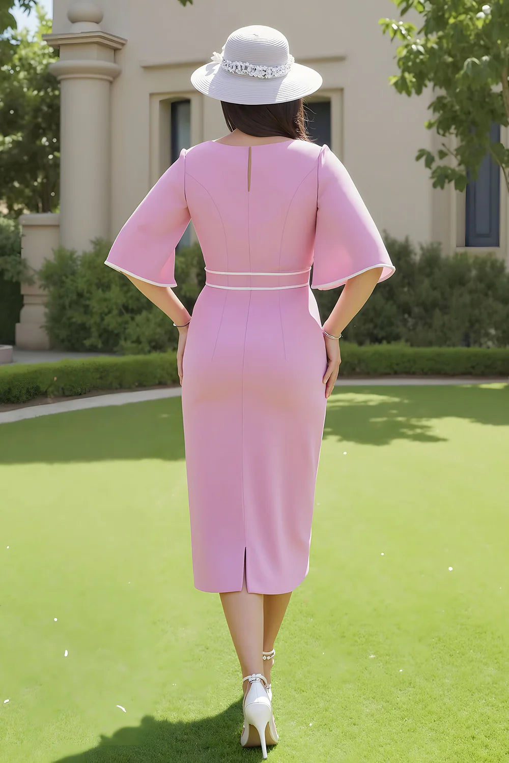 Modern Sheath V-Neck Short Sleeve Scoop Back Tea-Length Mother of the Bride Dress