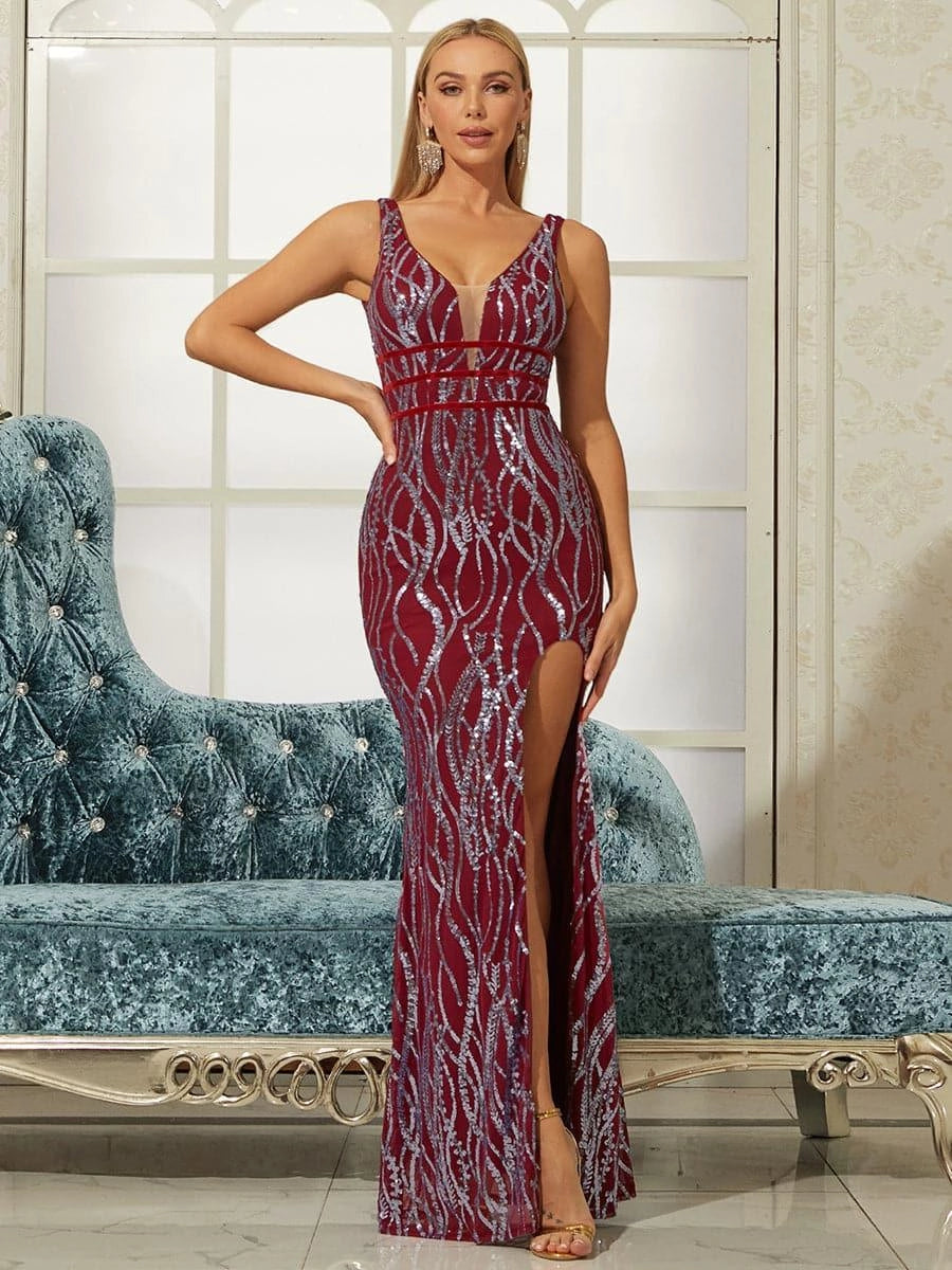 Modern Sheath V-Neck Sleeveless Backless Floor-Length Prom Dress