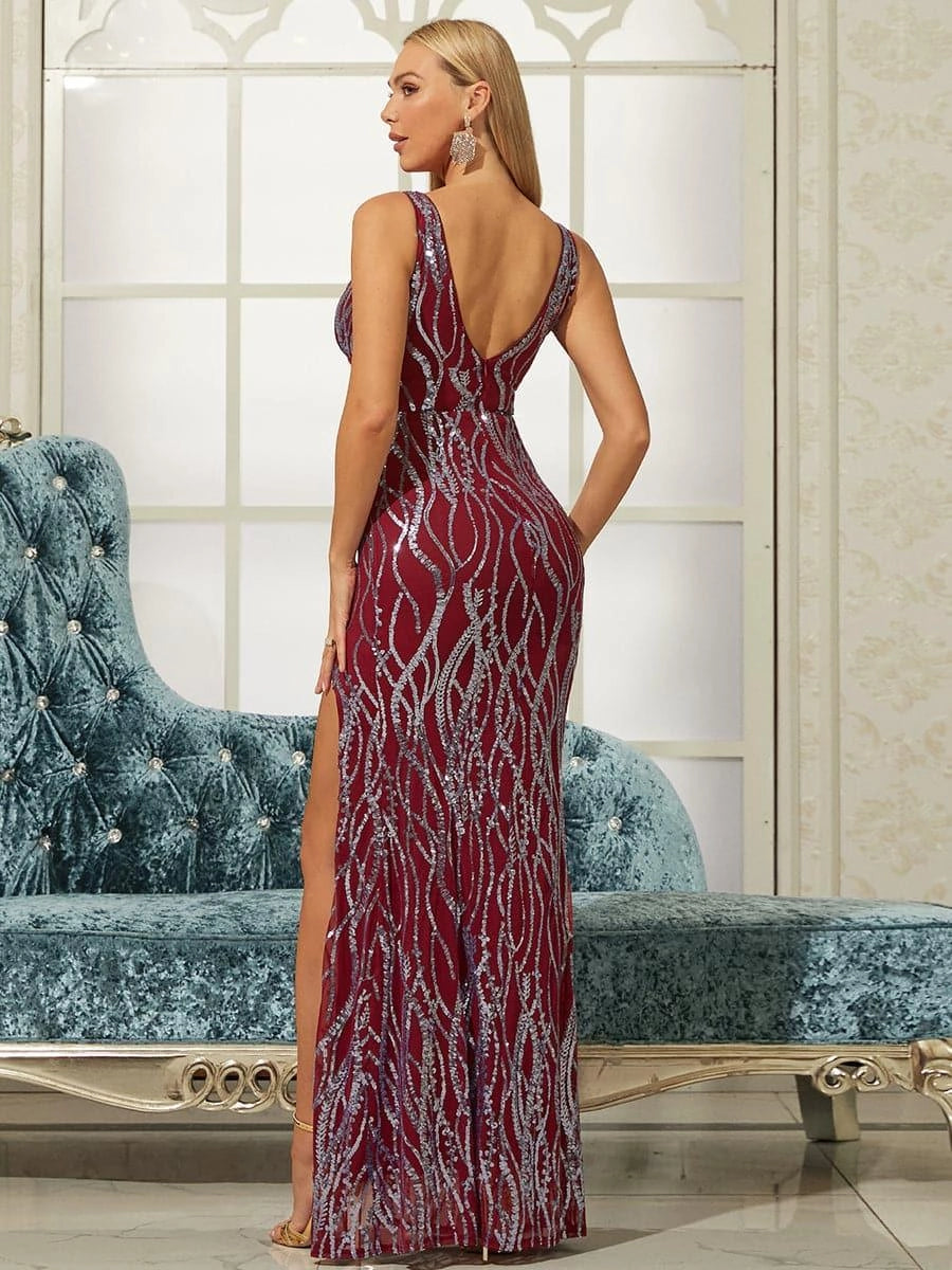 Modern Sheath V-Neck Sleeveless Backless Floor-Length Prom Dress