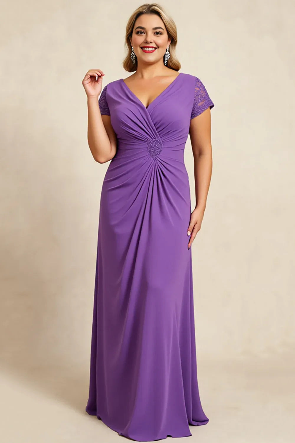 Modern Sheath V Neck Cap Sleeves Keyhole Back Sweep/Brush Train Plus Size Mother of the Bride Dress