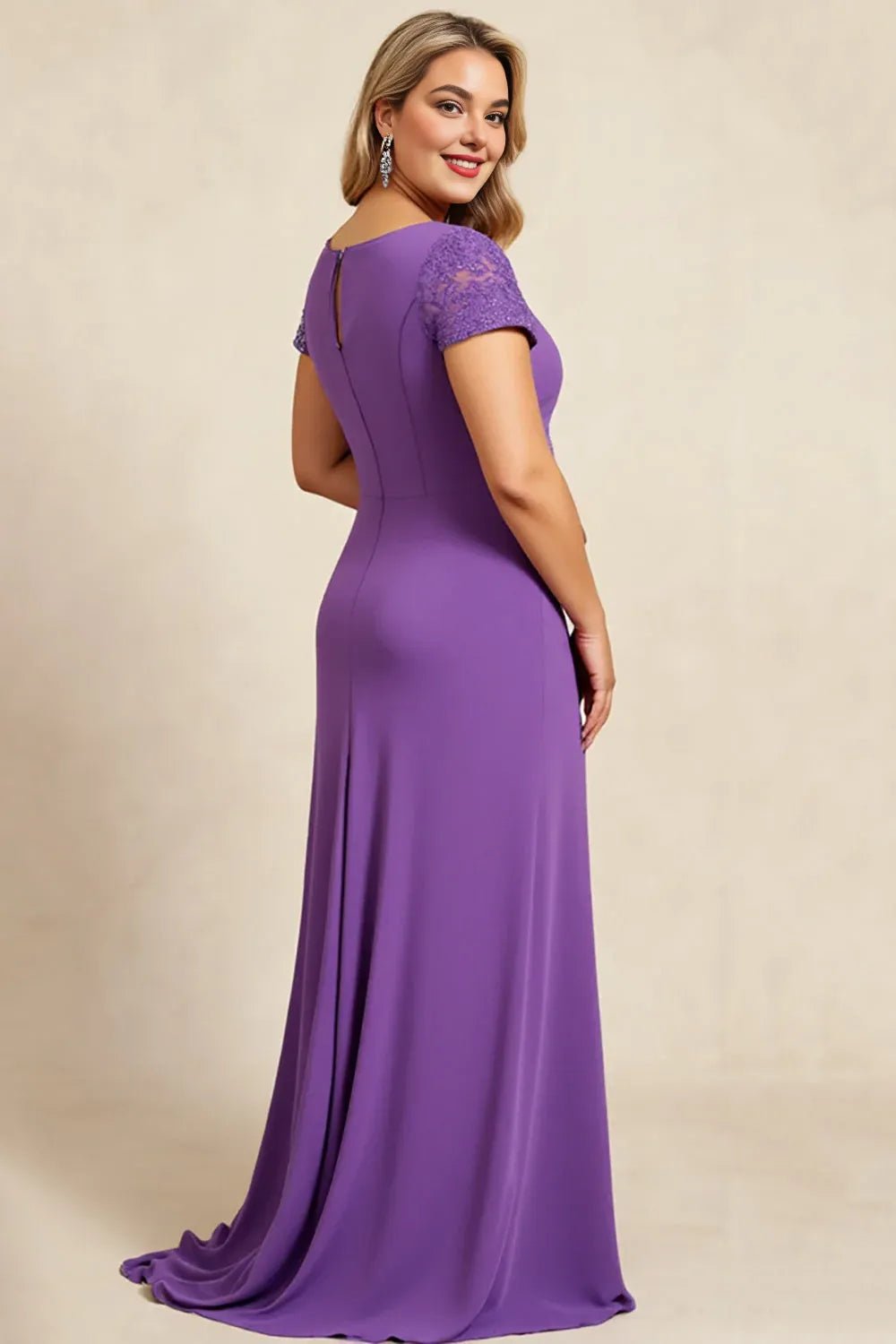 Modern Sheath V Neck Cap Sleeves Keyhole Back Sweep/Brush Train Plus Size Mother of the Bride Dress