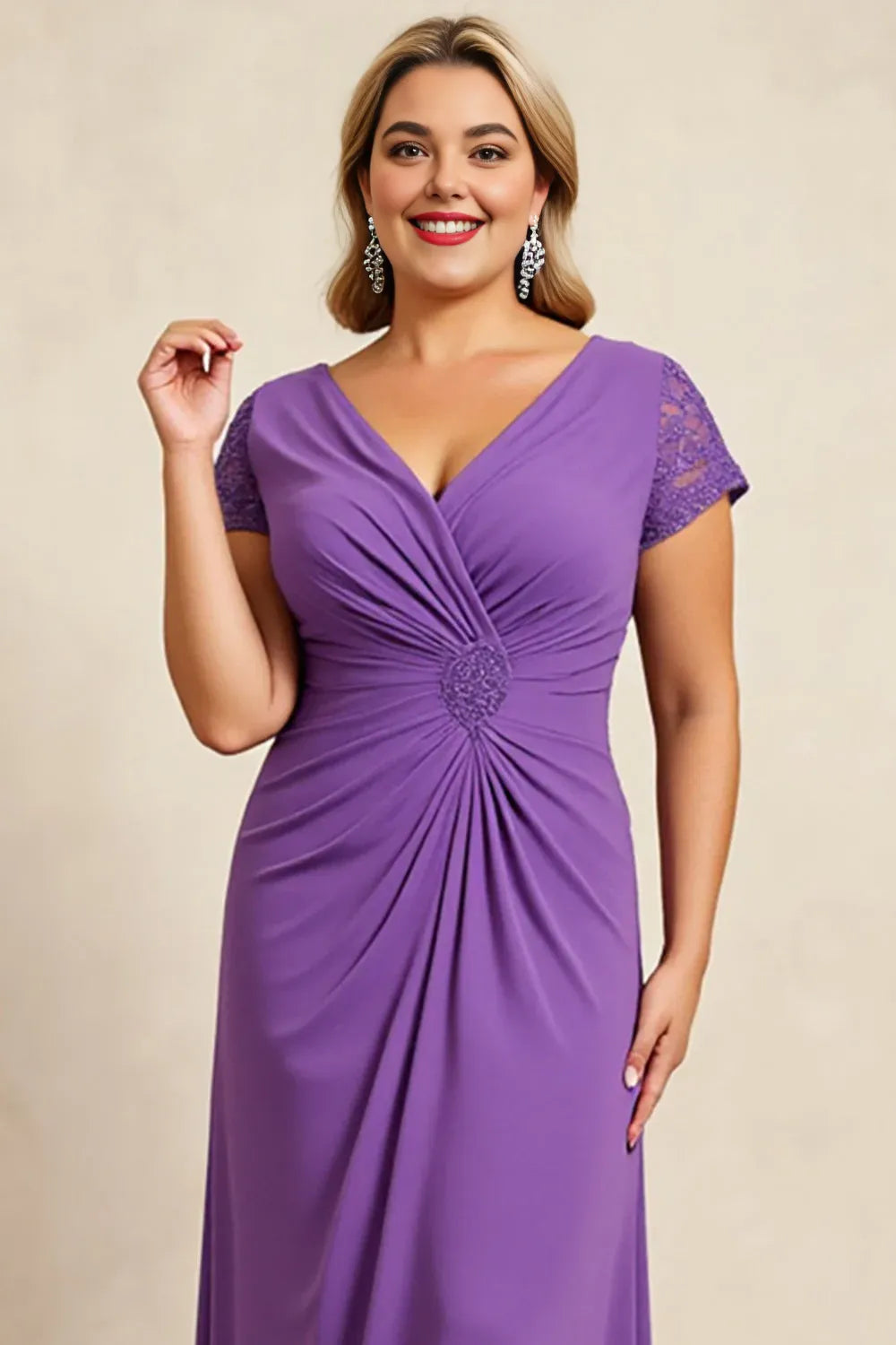 Modern Sheath V Neck Cap Sleeves Keyhole Back Sweep/Brush Train Plus Size Mother of the Bride Dress