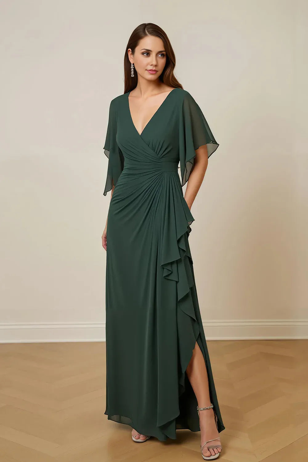 Modern Sheath V Neck Flutter Sleeve Keyhole Back Floor-Length Mother of the Bride Dress