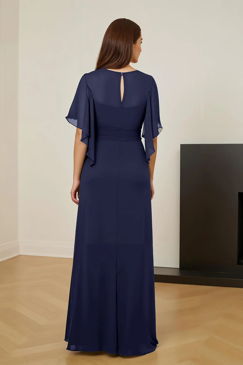 Modern Sheath V Neck Flutter Sleeve Keyhole Back Floor-Length Mother of the Bride Dress