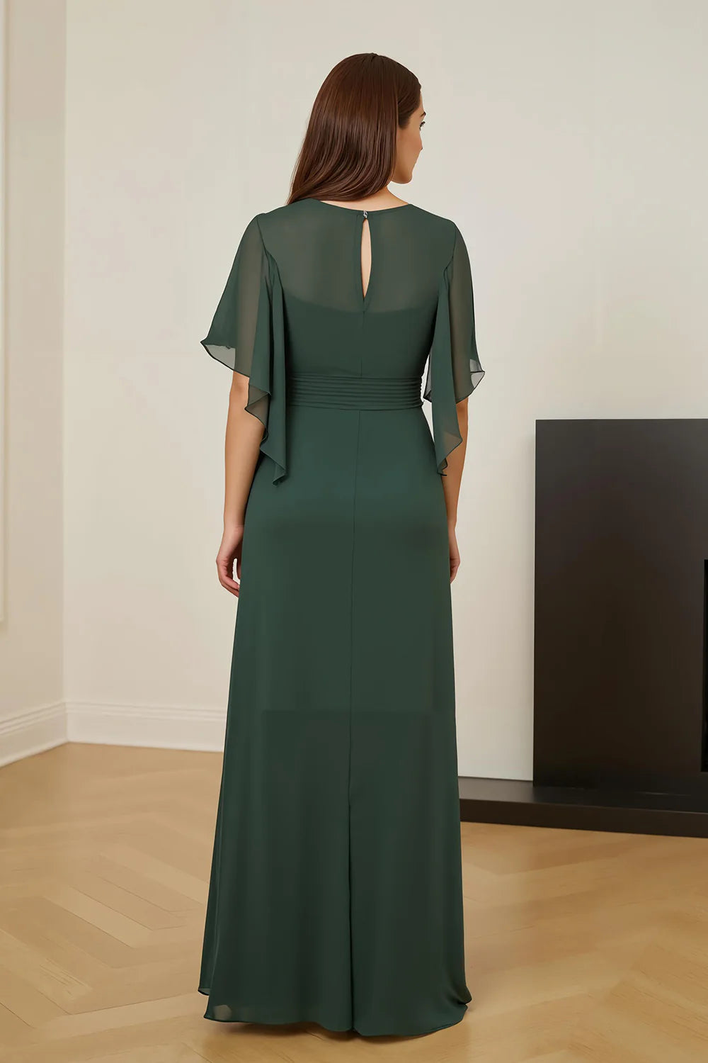 Modern Sheath V Neck Flutter Sleeve Keyhole Back Floor-Length Mother of the Bride Dress