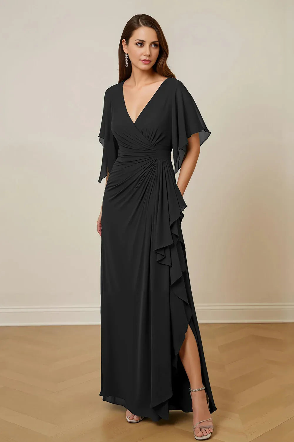 Modern Sheath V Neck Flutter Sleeve Keyhole Back Floor-Length Mother of the Bride Dress