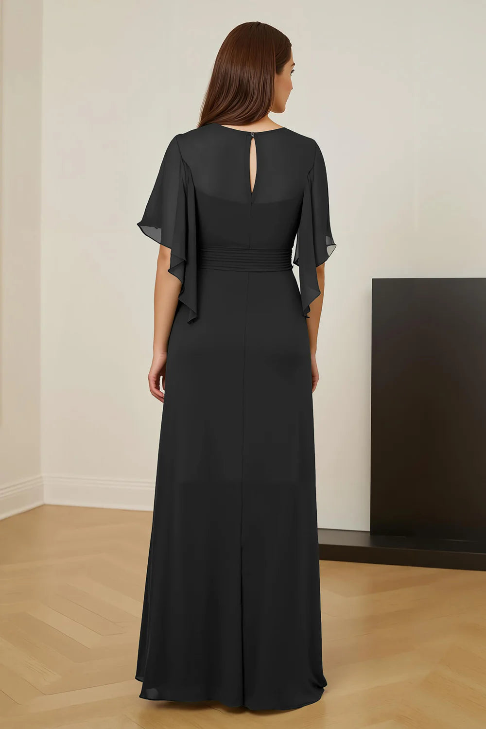Modern Sheath V Neck Flutter Sleeve Keyhole Back Floor-Length Mother of the Bride Dress