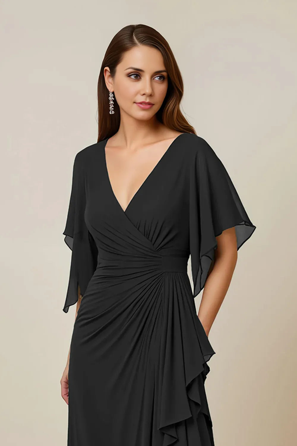 Modern Sheath V Neck Flutter Sleeve Keyhole Back Floor-Length Mother of the Bride Dress