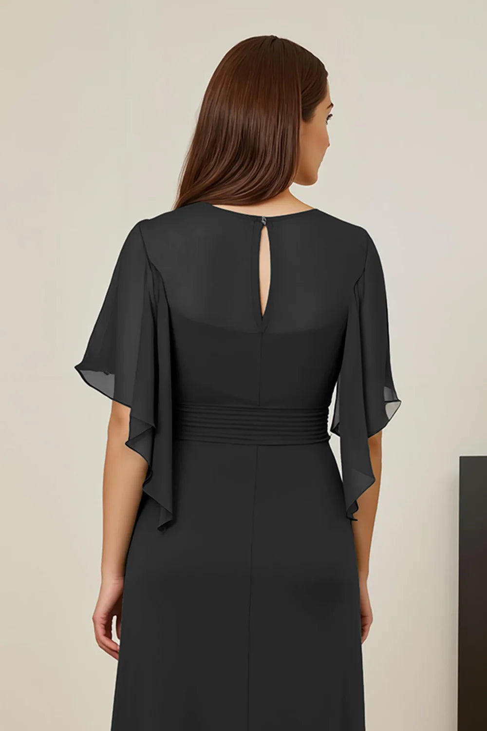 Modern Sheath V Neck Flutter Sleeve Keyhole Back Floor-Length Mother of the Bride Dress