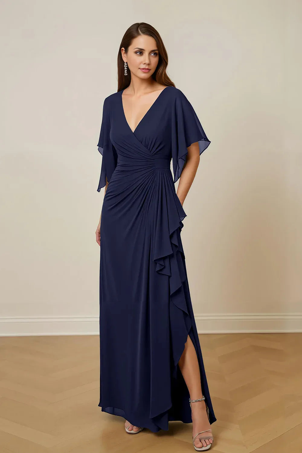 Modern Sheath V Neck Flutter Sleeve Keyhole Back Floor-Length Mother of the Bride Dress