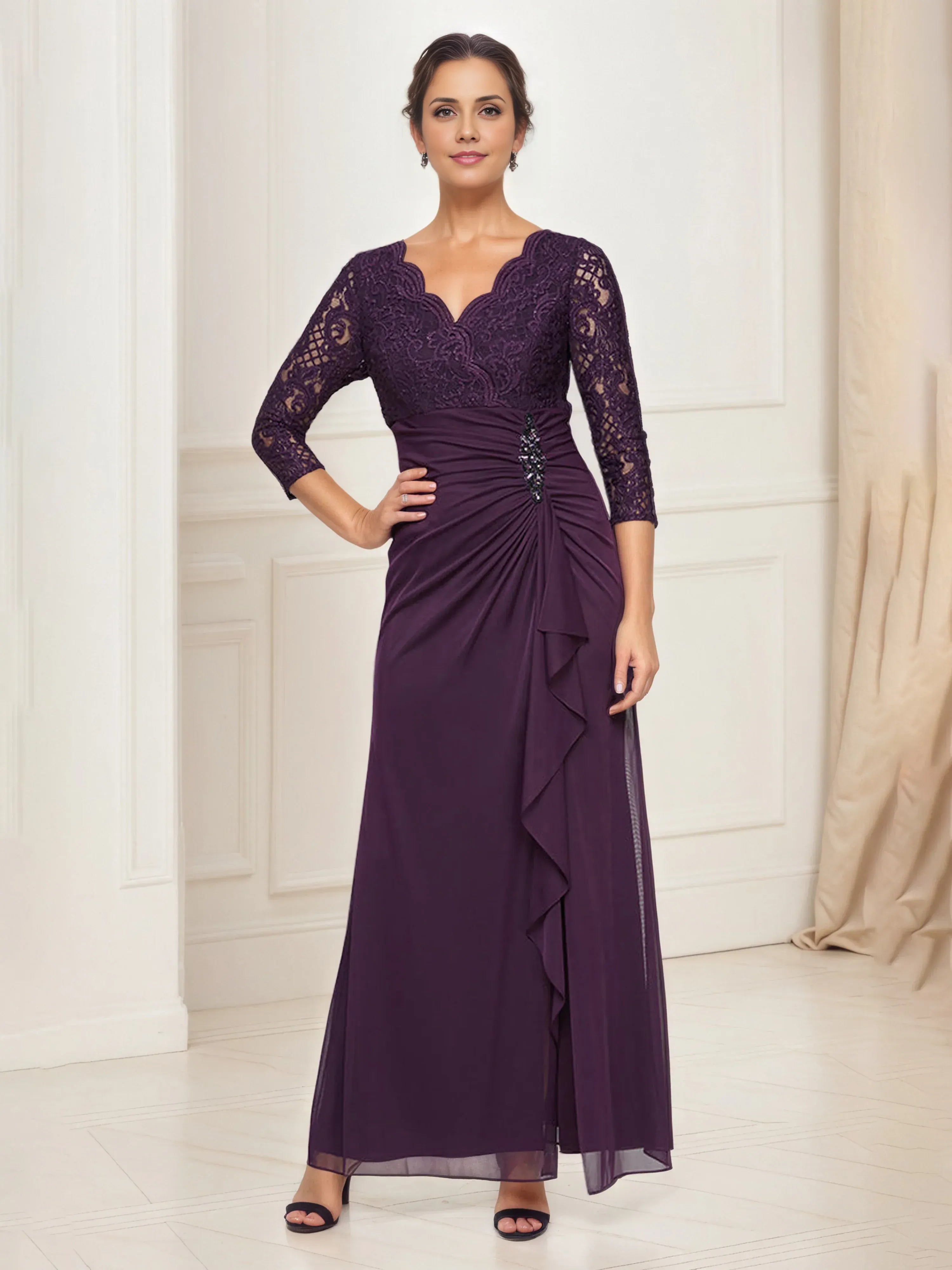 Modern Sheath V Neck Long Sleeve Zipper Up Floor-Length Mother of the Bride Dress