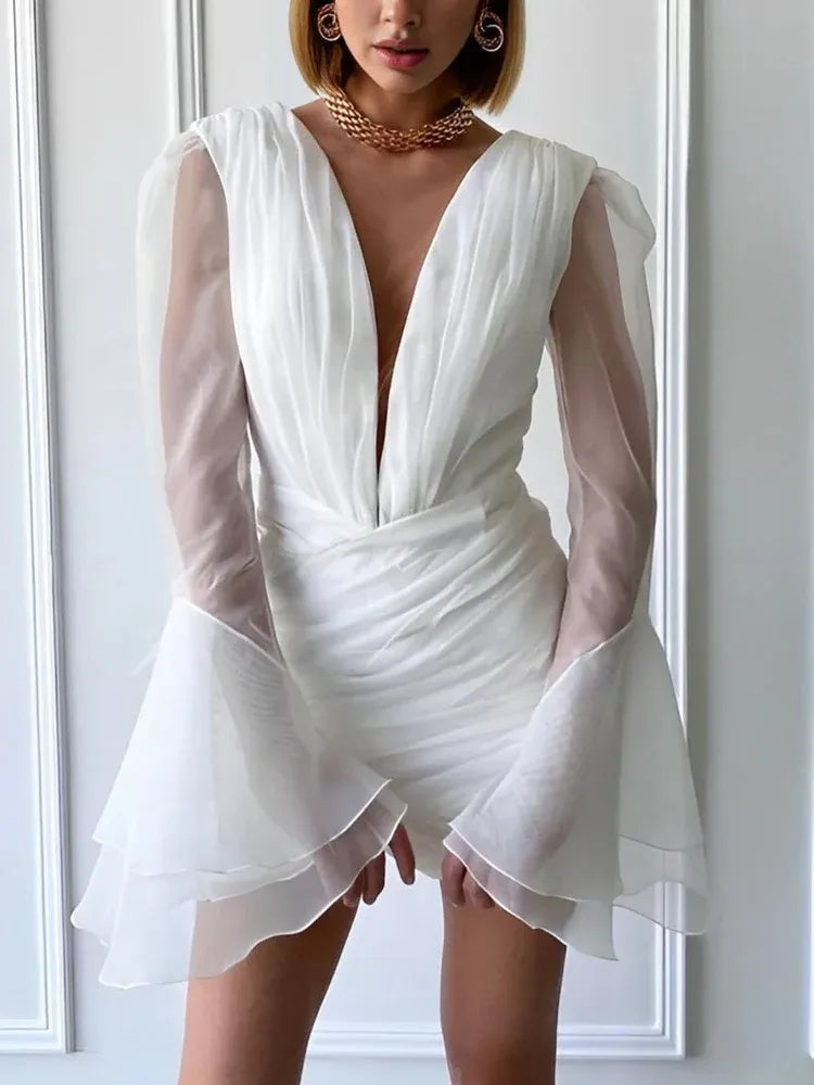 Modern Sheath V Neck Long Sleeves Pleated Tulle Short Mini Wedding Dress