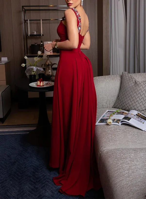 Modern Square Neck Sleeveless Sheath Pleated Satin Sweep Train Prom Dress