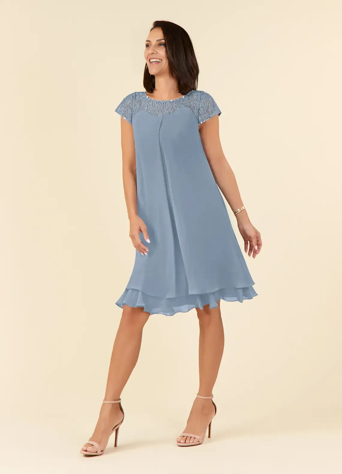 Modern Straight Tube Boat-Neck Flutter Sleeve Sheer Back Knee-Length Mother of the Bride Dress