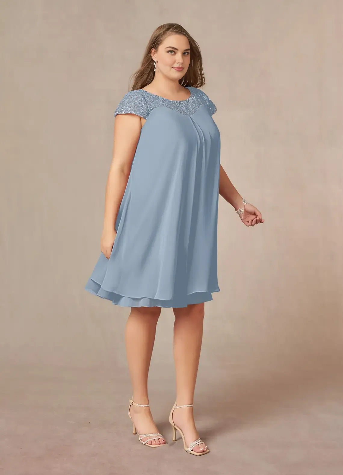 Modern Straight Tube Boat-Neck Flutter Sleeve Sheer Back Knee-Length Plus Size Mother of the Bride Dress