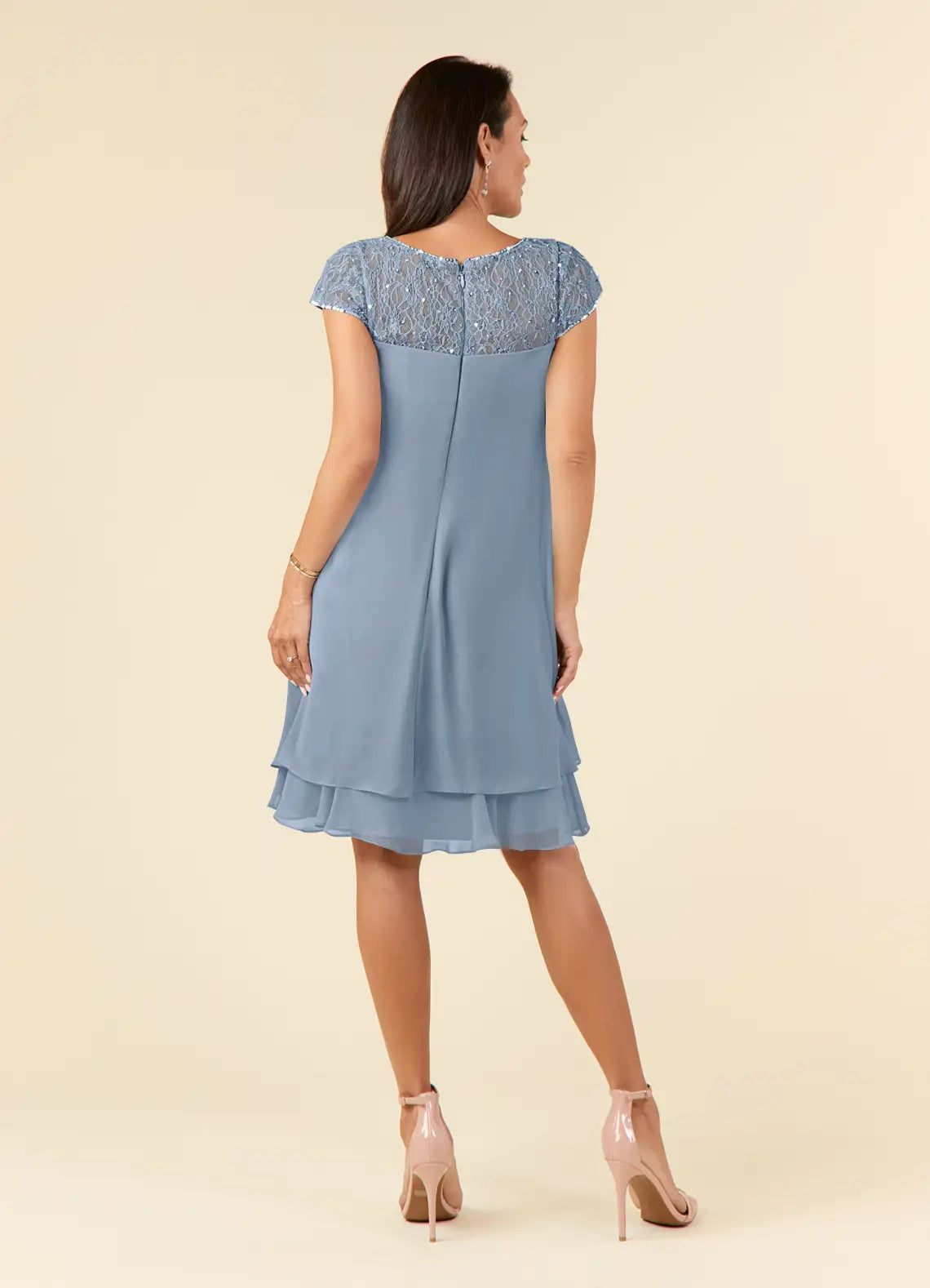 Modern Straight Tube Boat-Neck Flutter Sleeve Sheer Back Knee-Length Mother of the Bride Dress