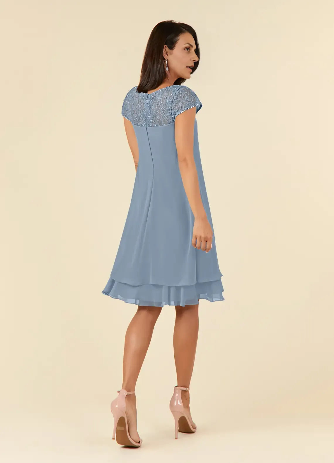 Modern Straight Tube Boat-Neck Flutter Sleeve Sheer Back Knee-Length Mother of the Bride Dress