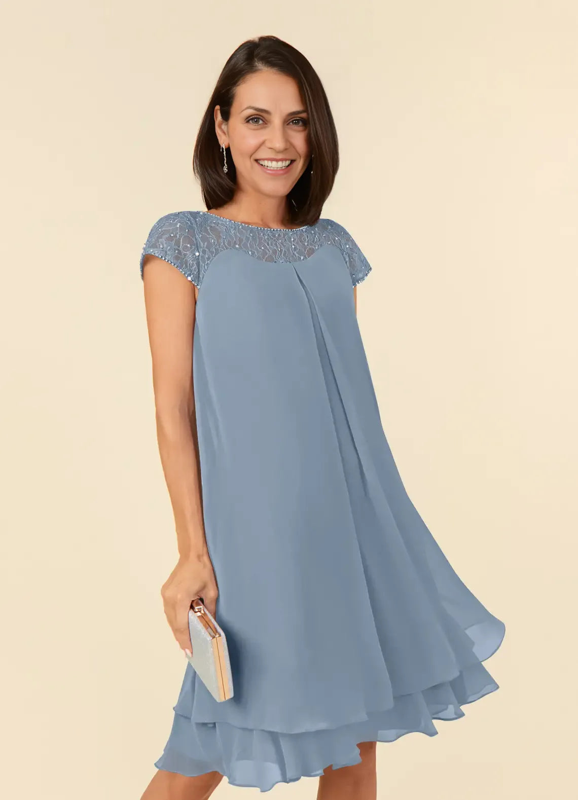 Modern Straight Tube Boat-Neck Flutter Sleeve Sheer Back Knee-Length Mother of the Bride Dress