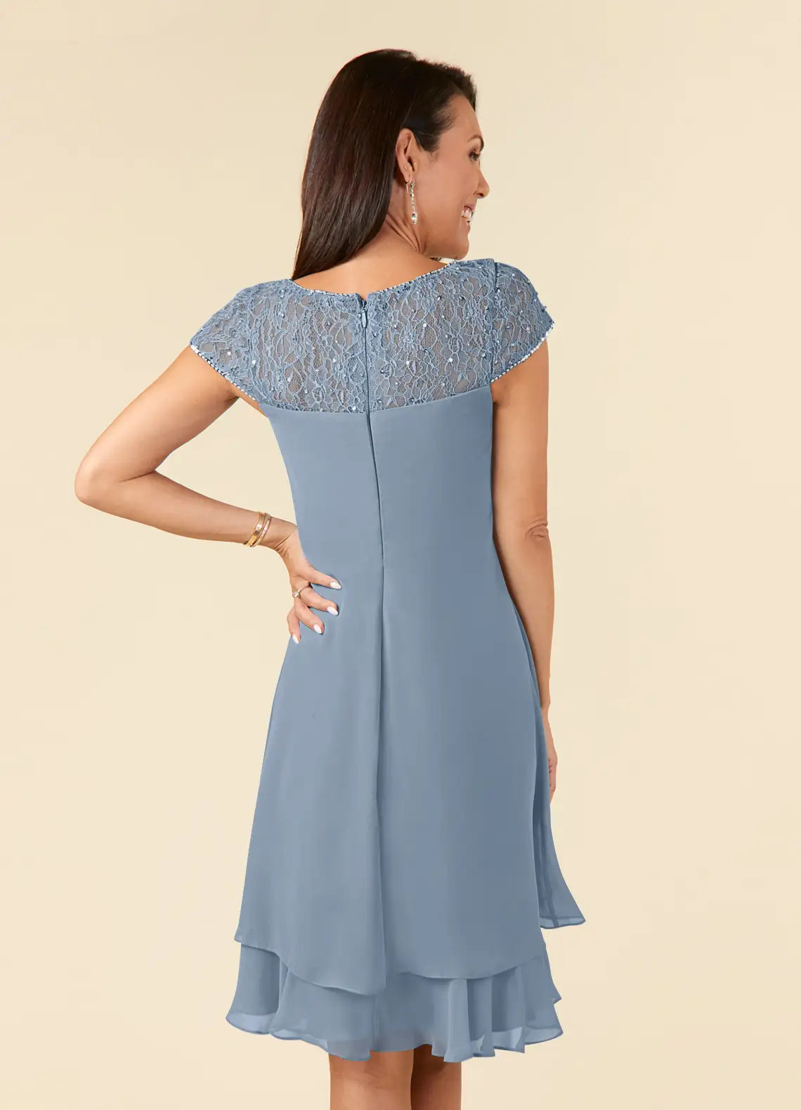 Modern Straight Tube Boat-Neck Flutter Sleeve Sheer Back Knee-Length Mother of the Bride Dress