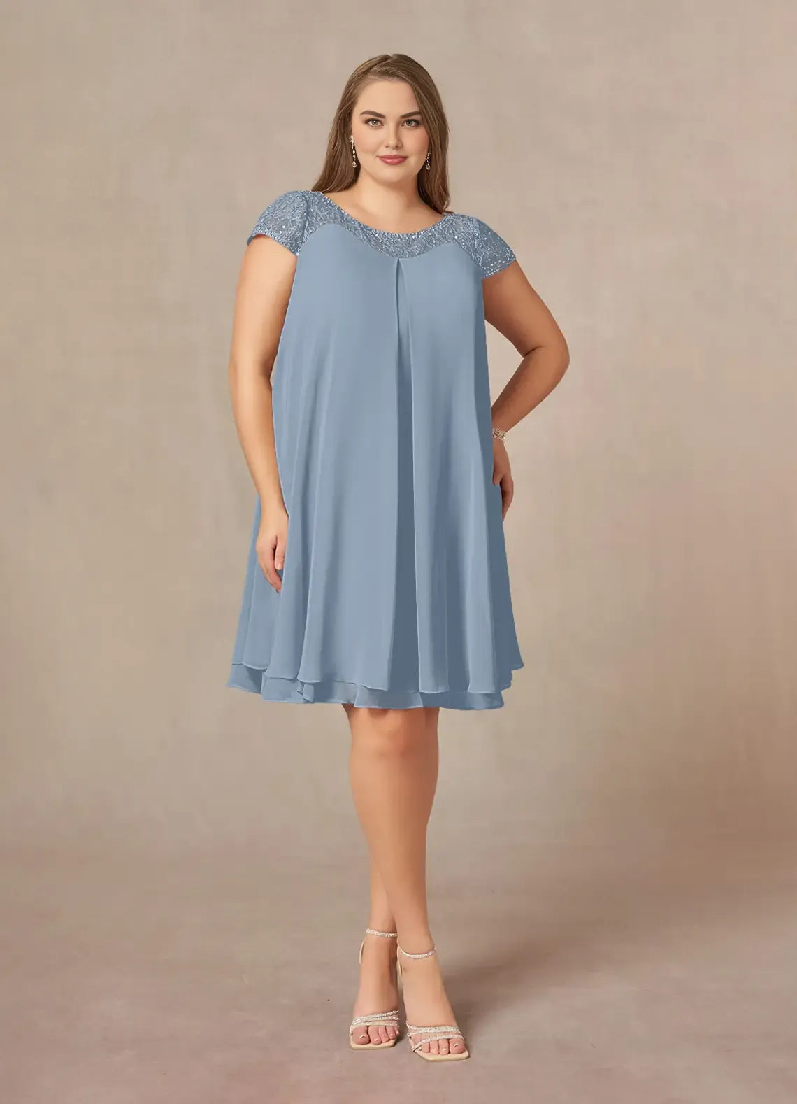 Modern Straight Tube Boat-Neck Flutter Sleeve Sheer Back Knee-Length Plus Size Mother of the Bride Dress