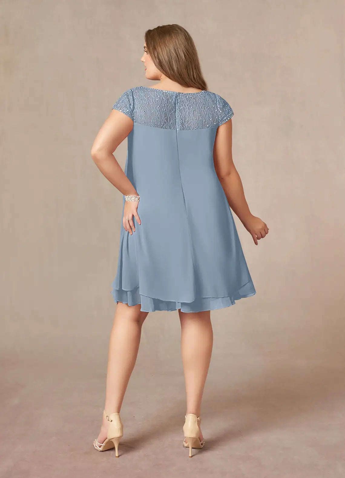 Modern Straight Tube Boat-Neck Flutter Sleeve Sheer Back Knee-Length Plus Size Mother of the Bride Dress