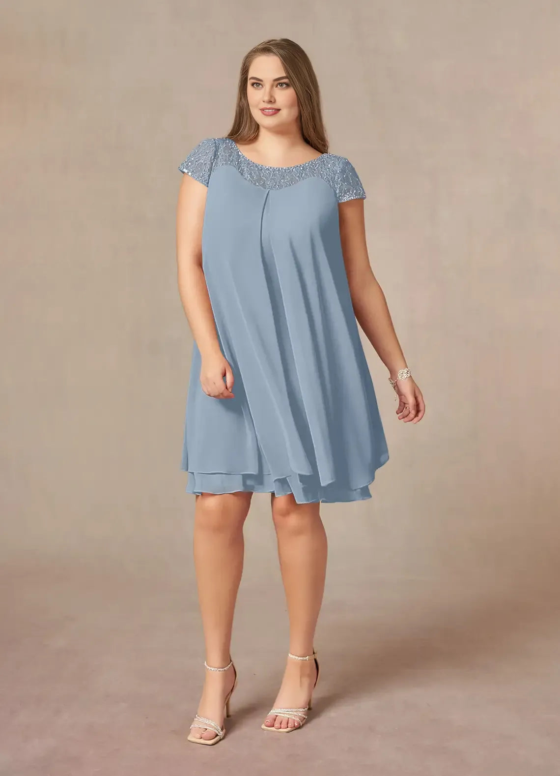 Modern Straight Tube Boat-Neck Flutter Sleeve Sheer Back Knee-Length Plus Size Mother of the Bride Dress